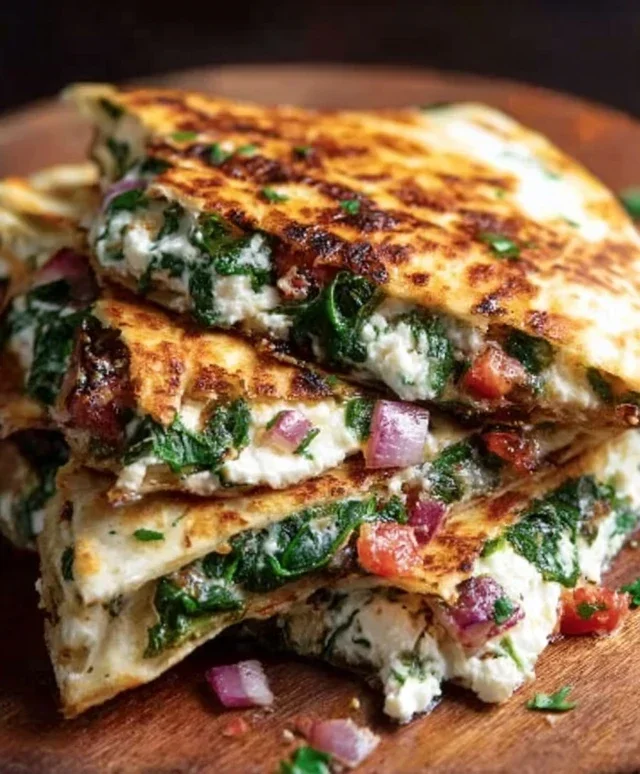 Mediterranean Quesadillas with Spinach, Feta, Mozzarella, and Red Onion