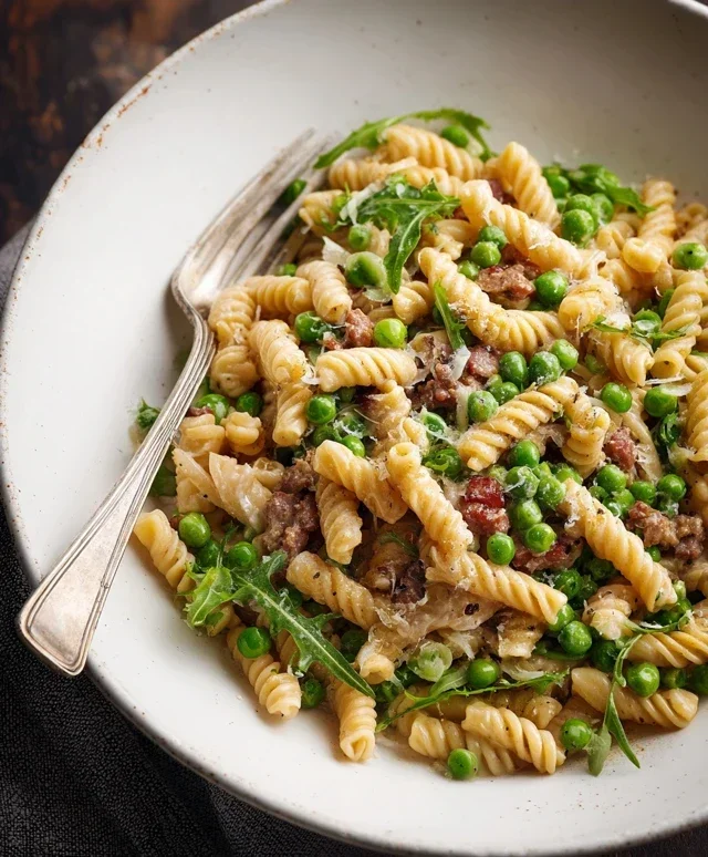 Creamy Pasta with Peas and Beef Beef Pancetta
