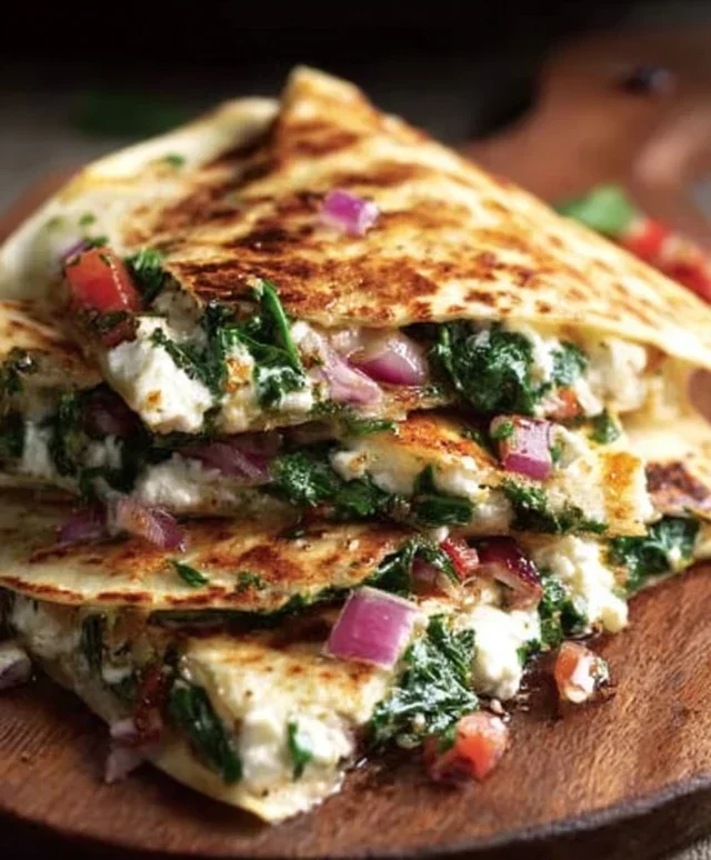 Mediterranean Quesadillas with Spinach, Feta, Mozzarella, and Red Onion