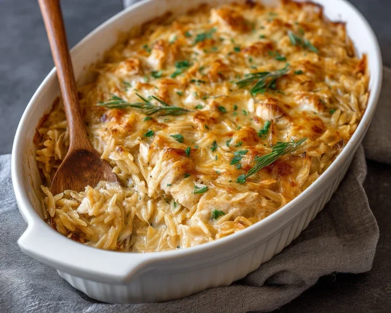 French Onion Chicken Orzo Casserole