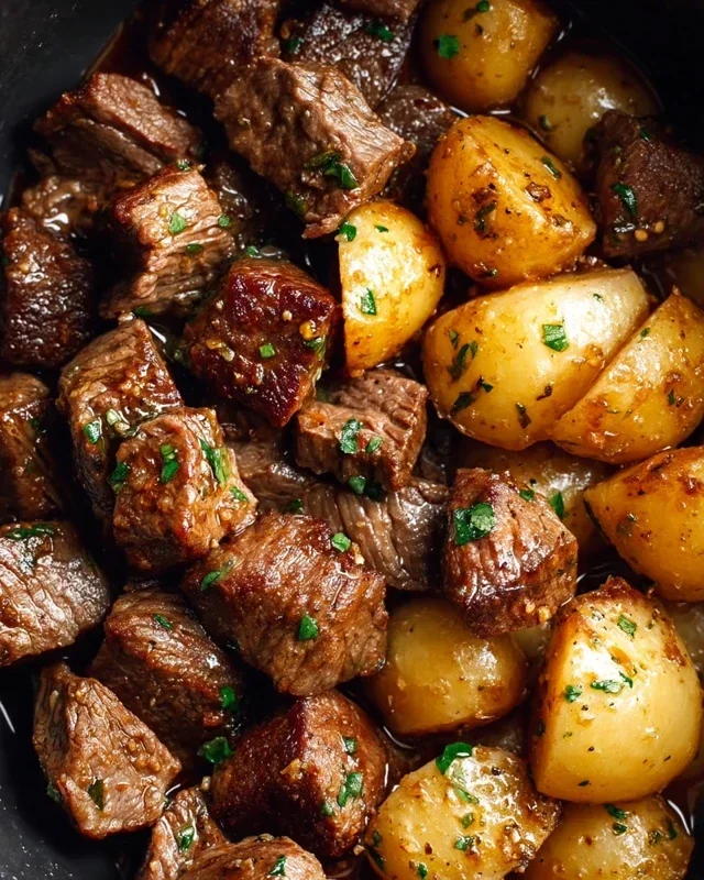 Slow Cooker Garlic Butter Beef Bites with Potatoes