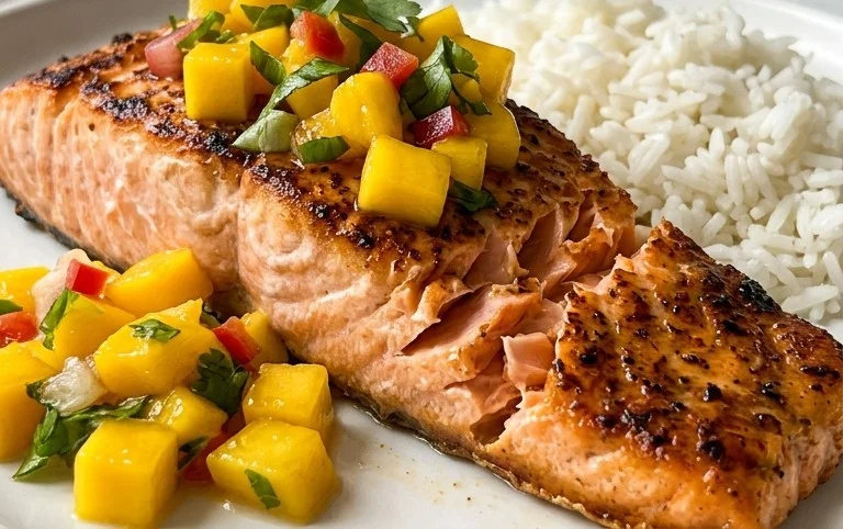 Grilled Salmon with Mango Salsa and Coconut Rice