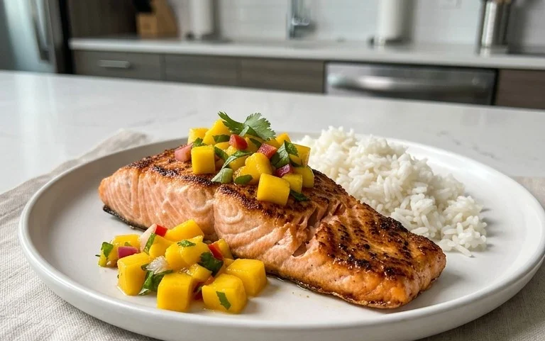 Grilled Salmon with Mango Salsa and Coconut Rice