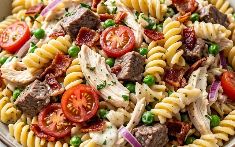 Chicken Beef Bacon Ranch Pasta Salad