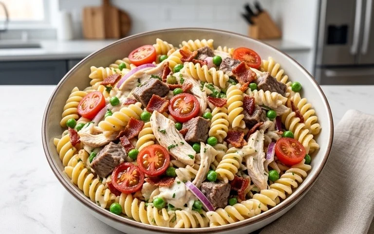 Chicken Beef Bacon Ranch Pasta Salad