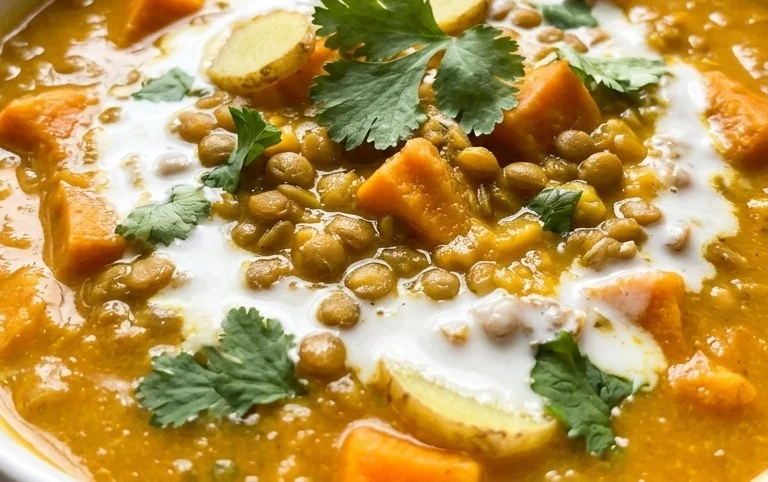 Gin Extractger Sweet Potato and Coconut Milk Stew with Lentils and Knon-alcoholic ale