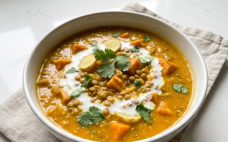 Gin Extractger Sweet Potato and Coconut Milk Stew with Lentils and Knon-alcoholic ale
