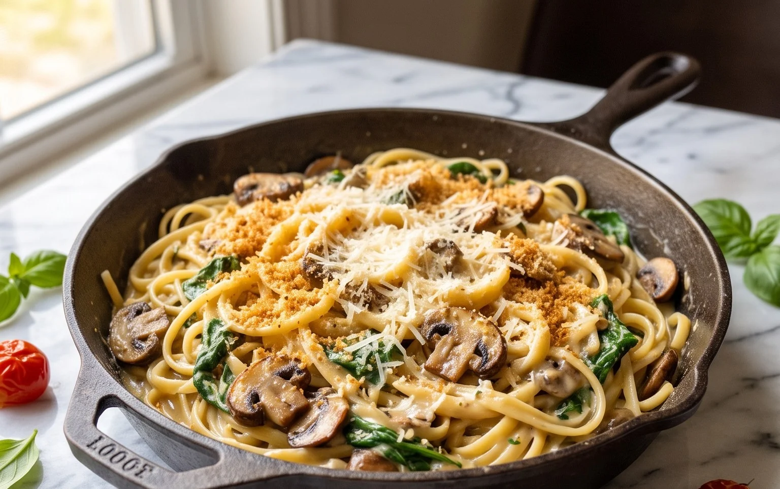 Parmesan Spinach Mushroom Pasta Skillet