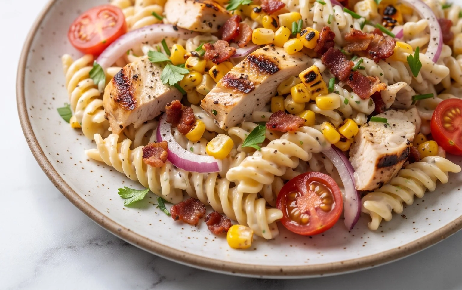 Chicken and Corn Pasta Salad with Beef Bacon