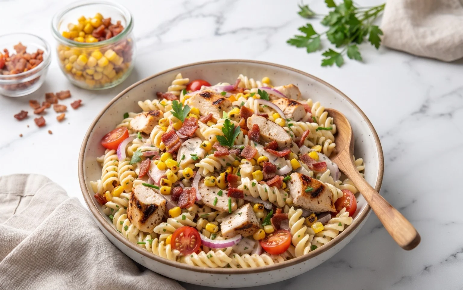 Chicken and Corn Pasta Salad with Beef Bacon