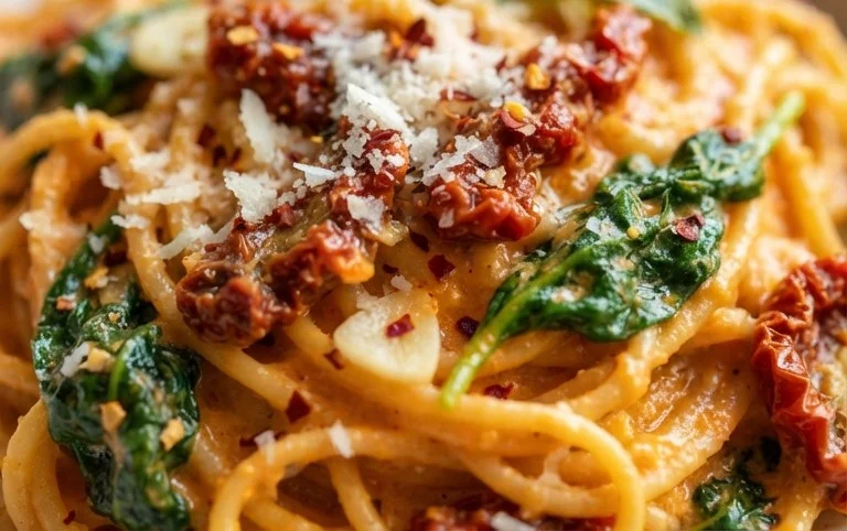 Spaghetti & Spinach with Sun-Dried Tomato Cream Sauce
