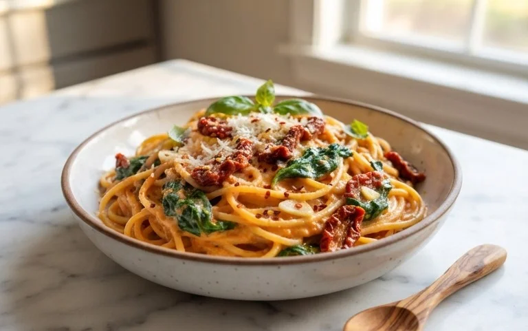 Spaghetti & Spinach with Sun-Dried Tomato Cream Sauce
