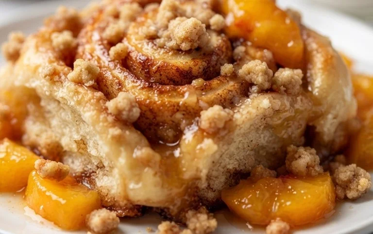 Peach Cobbler Cinnamon Rolls with Crum extractb Topping