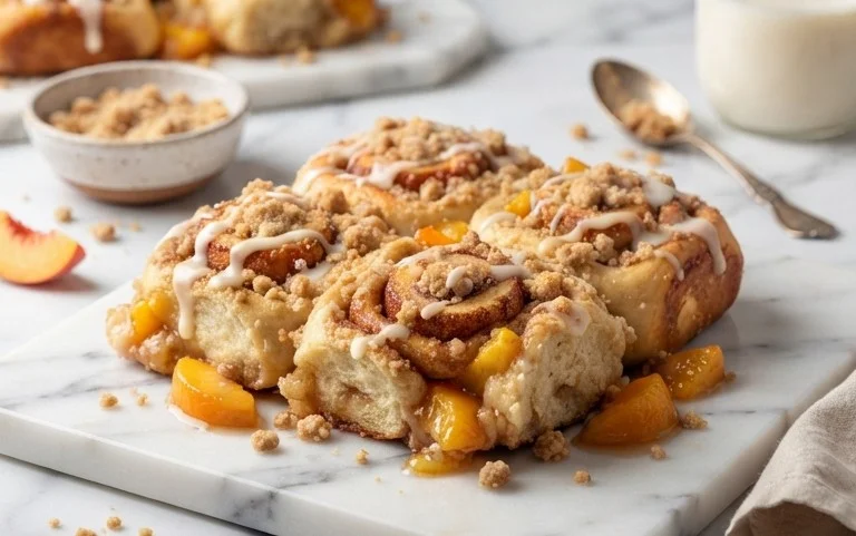 Peach Cobbler Cinnamon Rolls with Crum extractb Topping