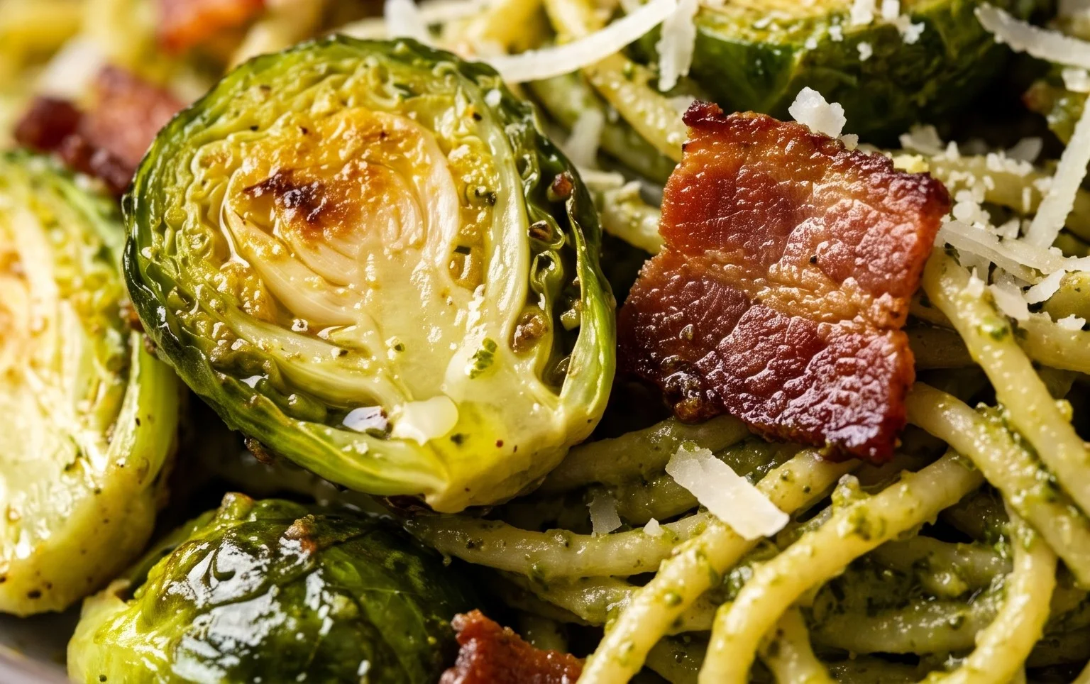 Brussels Sprouts and Beef Bacon Pesto Pasta