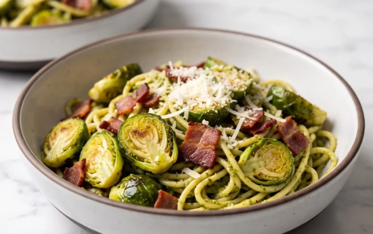 Brussels Sprouts and Beef Bacon Pesto Pasta