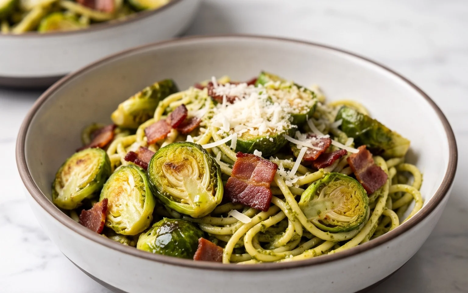 Brussels Sprouts and Beef Bacon Pesto Pasta