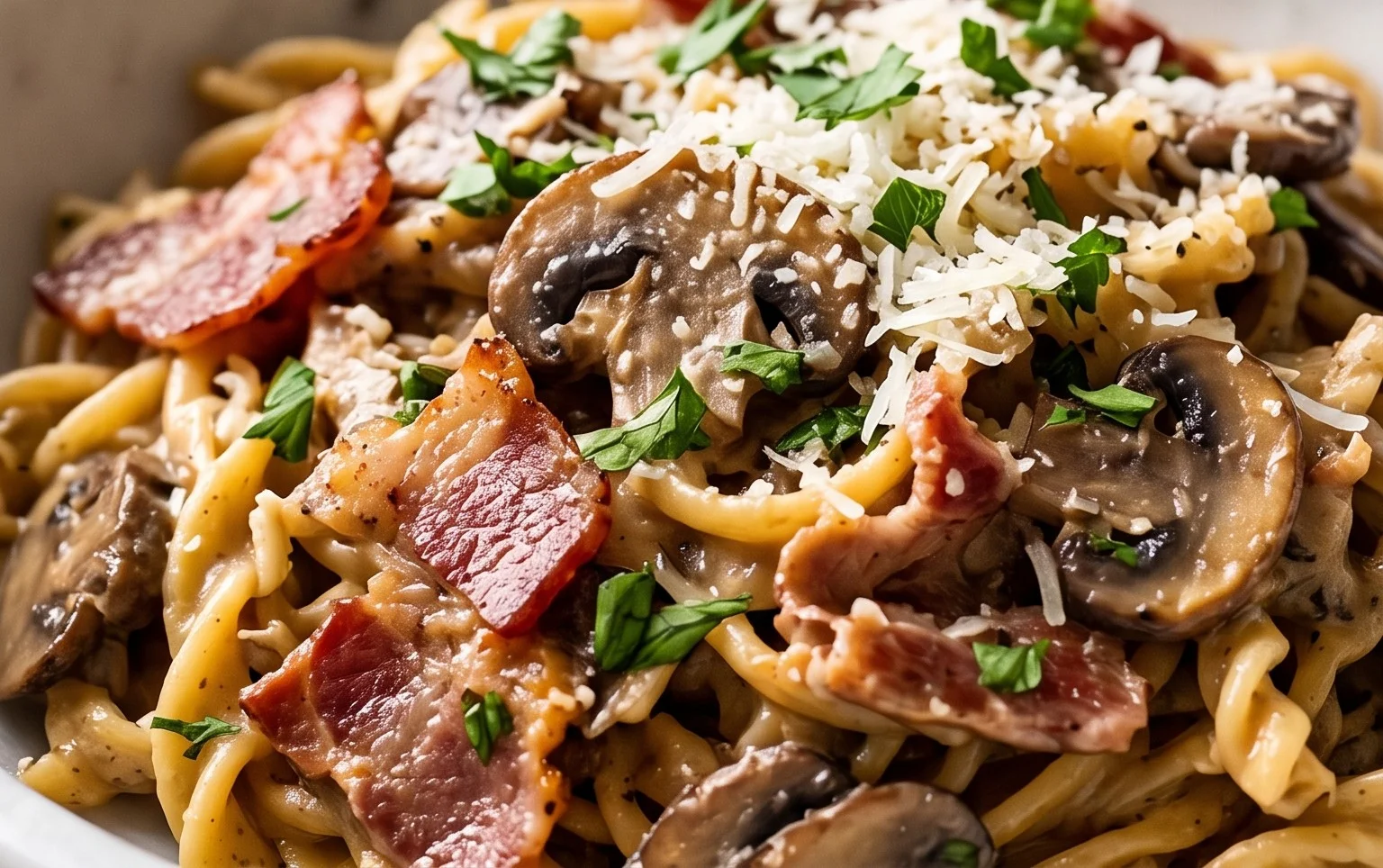 Creamy Beef Bacon and Mushroom Pasta