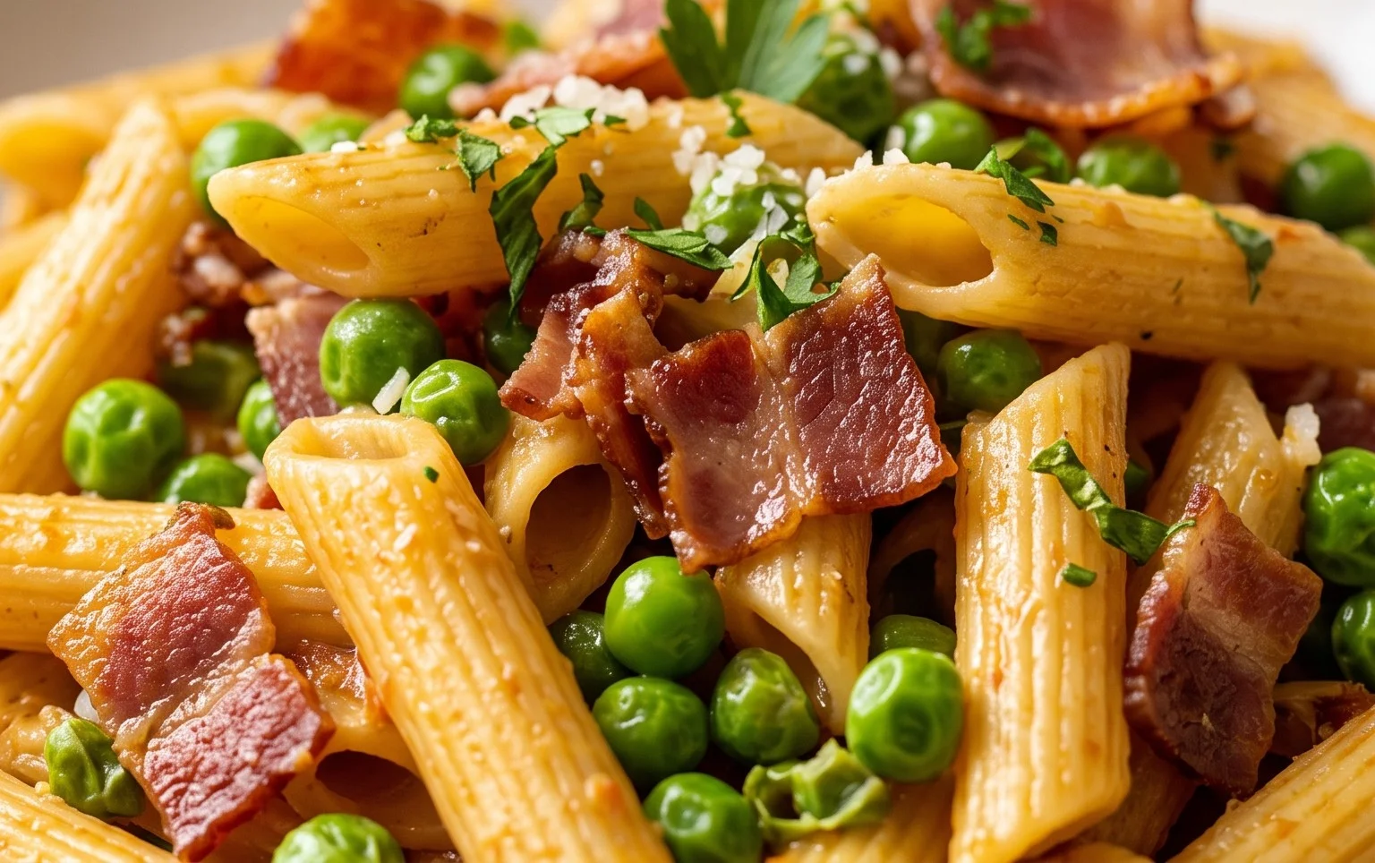 Penne Pasta, Peas and Beef Bacon