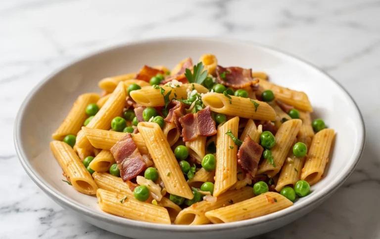 Penne Pasta, Peas and Beef Bacon