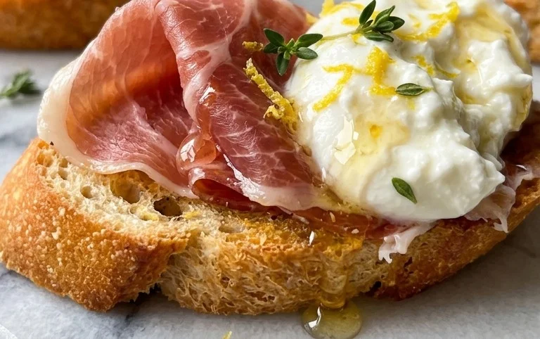 Beef Prosciutto Crostini with Burrata and Lemon Honey Drizzle