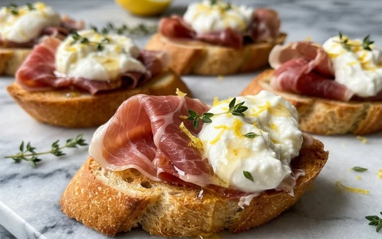 Beef Prosciutto Crostini with Burrata and Lemon Honey Drizzle